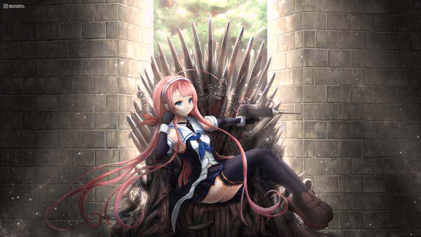 a_song_of_ice_and_fire absurdres ahoge asymmetrical_bangs belt black_gloves black_skirt black_thighhighs blue_eyes cannon collared_shirt commentary_request delinquent elbow_gloves female fingerless_gloves game_of_thrones gloves hair_ribbon hairband highres iron_throne kantai_collection kawakaze_(kancolle) loafers long_hair low_twintails machinery neckerchief parody pleated_skirt pointy_ears red_hair ribbon shirt shoes sidelocks skirt sleeveless sleeveless_shirt solo sukeban sword thighhighs throne turret twintails very_long_hair wakaura_asaho weapon