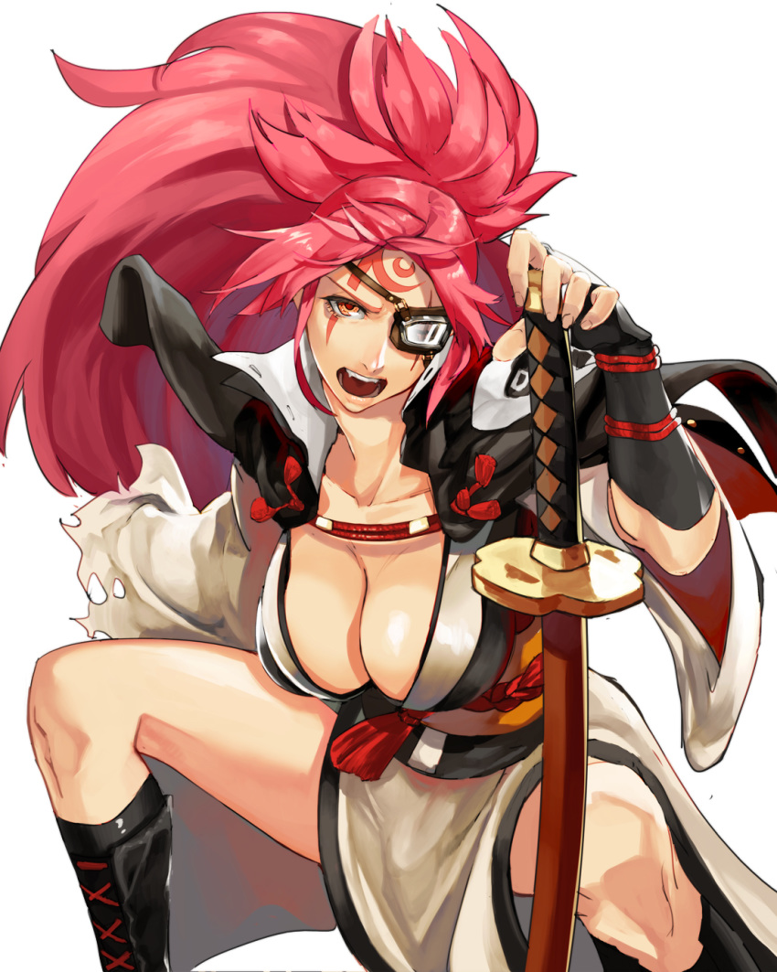 angry baiken big_hair boots breasts eyepatch facial_mark female fighting_stance fingerless_gloves gloves guilty_gear highres japanese_clothes kimono laio large_breasts long_hair looking_at_viewer pink_eyes pink_hair ponytail samurai sword thighs weapon