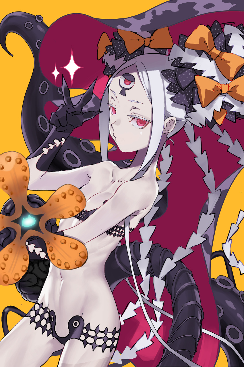 abigail_williams_(fate) abigail_williams_(swimsuit_foreigner)_(fate) abigail_williams_(swimsuit_foreigner)_(first_ascension)_(fate) absurdres bikini black_bikini black_bow blush bow breasts collarbone double_bun elbow_gloves fate/grand_order fate_(series) female gloves hair_bun hairbow highres keyhole laio long_hair looking_at_viewer multiple_bows open_mouth orange_bow parted_bangs red_eyes sidelocks small_breasts solo swimsuit third_eye v very_long_hair white_hair