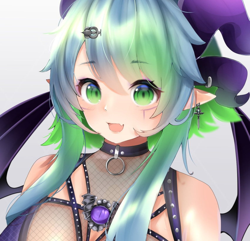 apricot_the_lich apricot_the_lich_(1st_costume) blue_hair breasts cleavage cleavage_cutout clothing_cutout colored_inner_hair demon_girl demon_wings female fishnets green_eyes green_hair highres horns jewelry me_o_wy medium_breasts multicolored_hair multiple_horns oerba_yun_fang pointy_ears short_hair skin_fang smile solo virtual_youtuber vshojo wings