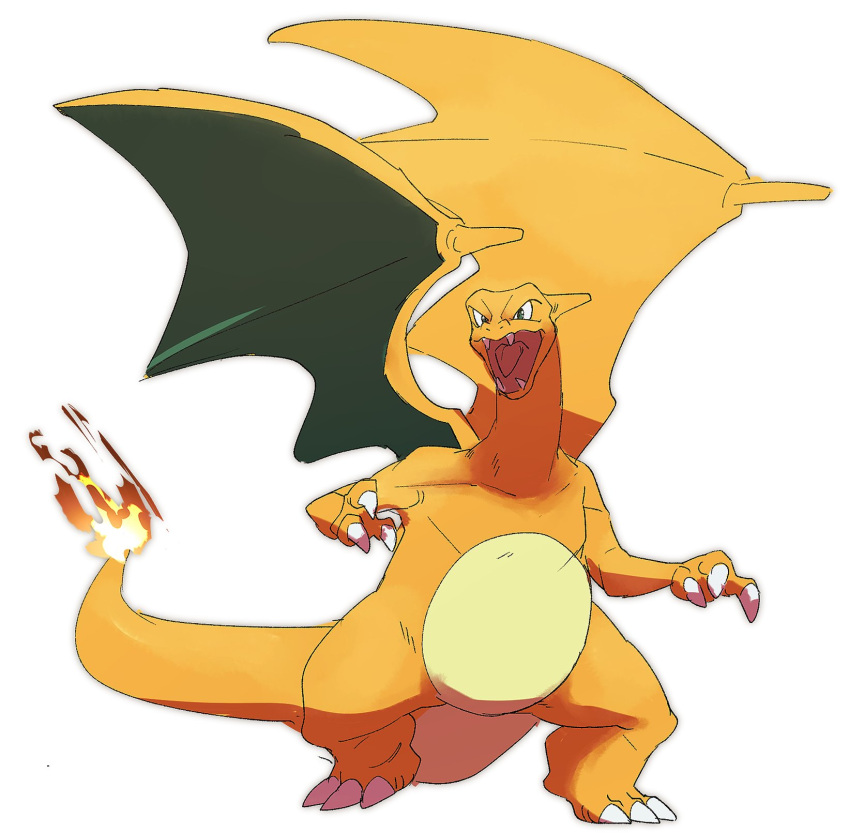 charizard claws commentary_request fangs fire flame-tipped_tail full_body green_eyes highres legs_apart morio_(poke_orio) no_humans open_mouth pokemon pokemon_(creature) solo standing tongue