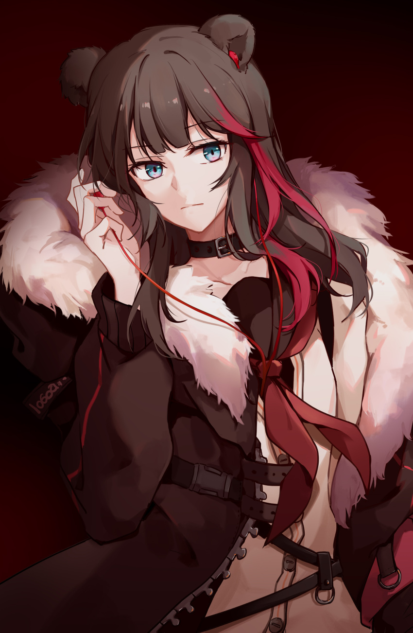 absurdres animal_ears arknights bear_ears black_choker blue_eyes brown_coat brown_hair chinese_commentary choker closed_mouth coat earbuds earphones expressionless female fur-trimmed_coat fur_trim gemi_25 gradient_background highres long_hair long_sleeves looking_at_viewer multicolored_hair neckerchief open_clothes open_coat red_background red_hair red_neckerchief sailor_collar shirt sidelocks simple_background solo strap streaked_hair two-tone_hair unzipped upper_body white_shirt zima_(arknights)