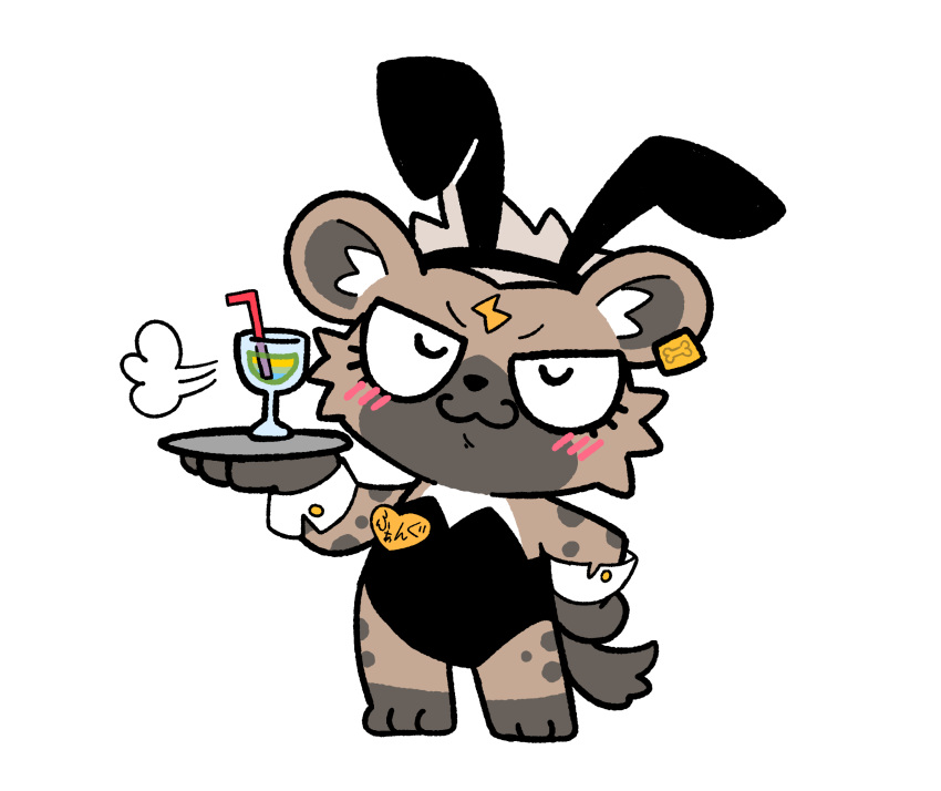 2023 alcohol anthro beverage blush brown_body brown_fur bunny_costume chibi clothed clothing cocktail costume digital_media_(artwork) ear_piercing fake_ears fake_rabbit_ears fang_honebuchi fang_honebuchi_(artist) female flat_chested fully_clothed fur fur_markings grey_hair hair hi_res hyena inner_ear_fluff latex leotard mammal markings name_tag piercing serving_tray simple_background smug solo strapless_clothing strapless_leotard text translated tuft vtuber white_background