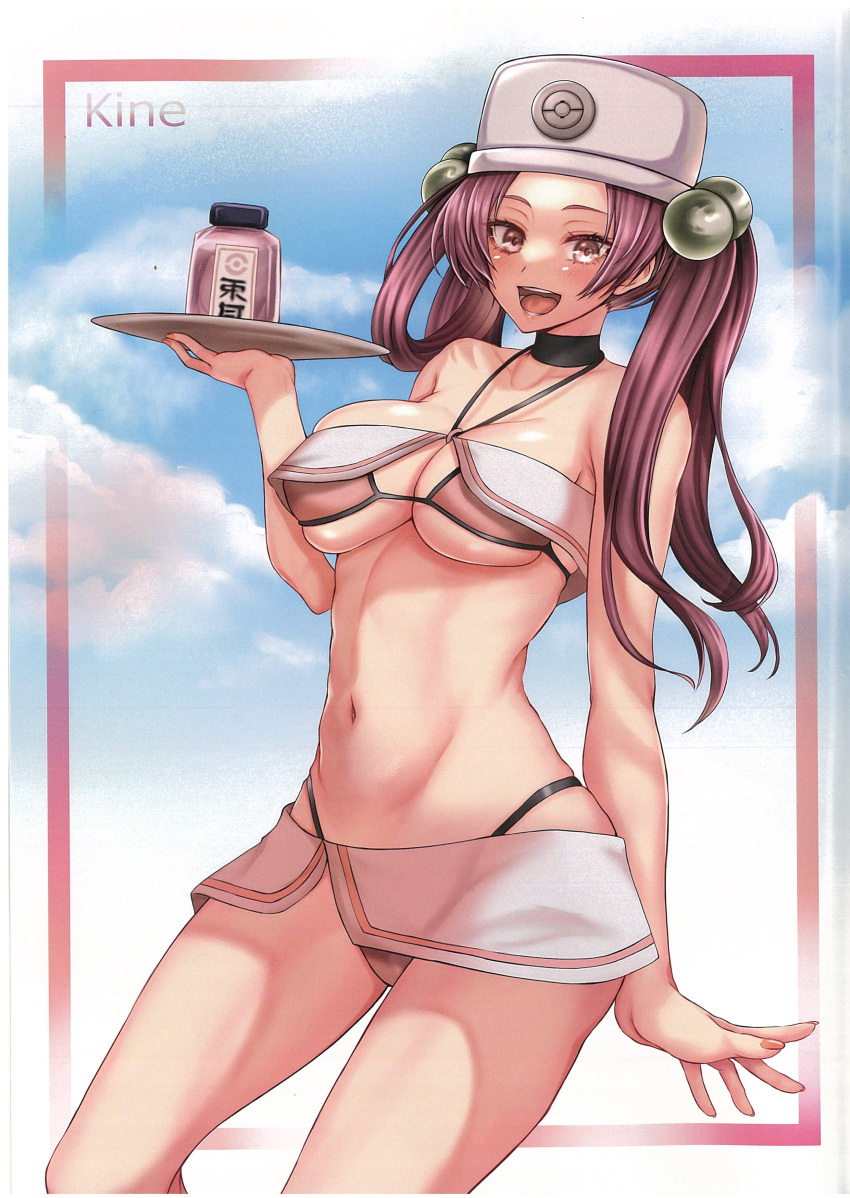 absurdres bare_shoulders bikini breasts brown_eyes cleavage cloud female fingernails hair_ornament halterneck hat highleg highleg_bikini highres large_breasts lips long_hair looking_at_viewer medium_breasts navel open_mouth pesselle_(pokemon) pink_hair pokemon pokemon_legends:_arceus scan shiny_skin simple_background skirt sky smile solo stomach swimsuit takecha teeth thighs tray twintails