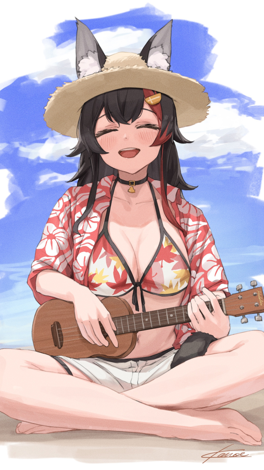 absurdres animal_ear_fluff animal_ears bikini bikini_under_clothes black_choker black_hair blush breasts choker cleavage closed_eyes cloud collarbone commentary facing_viewer female flipped_hair front-tie_bikini_top front-tie_top hair_between_eyes hair_ornament hairclip hawaiian_shirt highres hololive instrument kanoe_(tatsukanoe) long_hair multicolored_hair music navel ookami_mio ookami_mio_(hololive_summer_2019) open_mouth outdoors playing_instrument red_hair shirt shirt_on_shoulders shorts signature sky smile solo streaked_hair summer swimsuit tail tail_around_own_leg tail_wrap teeth thigh_strap ukulele upper_teeth_only virtual_youtuber white_shorts wolf_ears wolf_girl wolf_tail