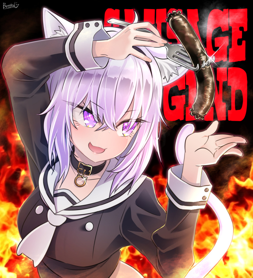 ahoge animal_collar animal_ears black_collar butcha-u cat_ears cat_tail collar commentary_request copyright_name female fiery_background fire food fork hairband highres hololive nekomata_okayu nekomata_okayu_(casual) official_alternate_costume purple_eyes purple_hair sausage sausage_legend signature solo tail virtual_youtuber