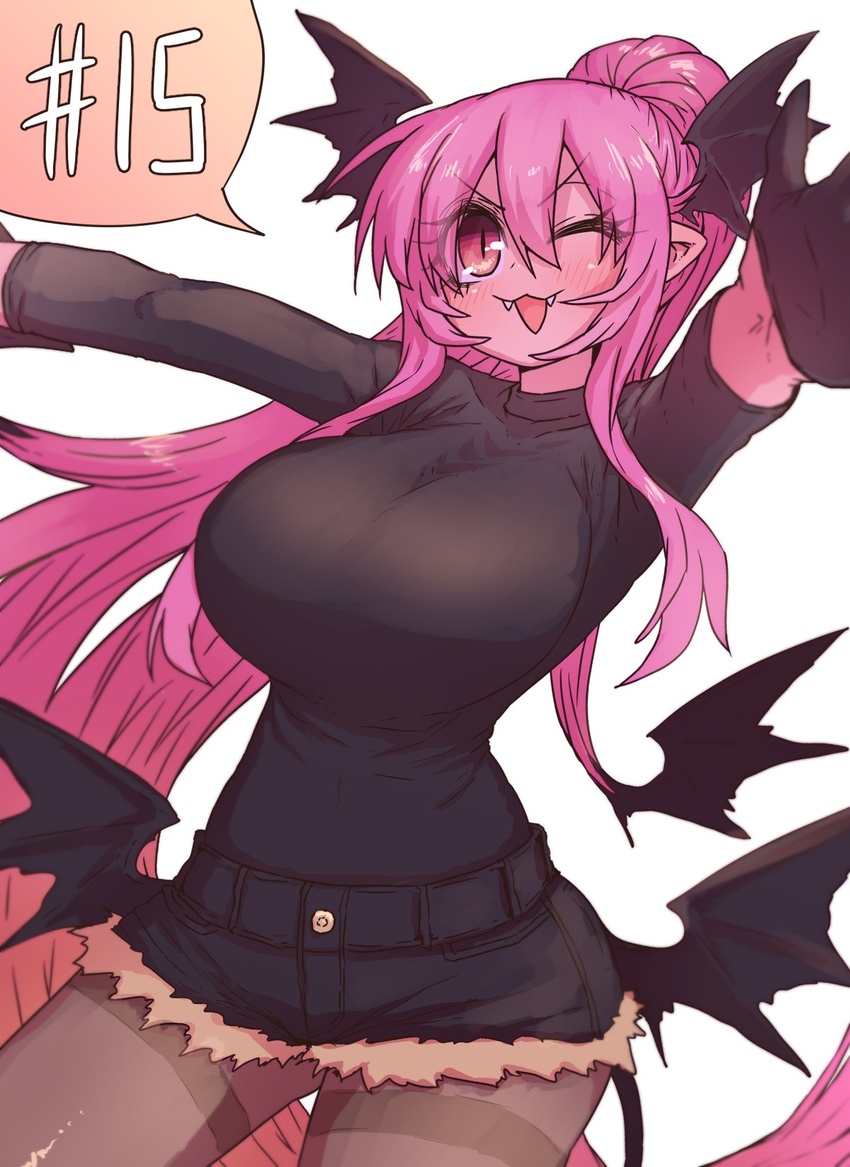 alternate_costume alternate_hairstyle bat_wings black_gloves black_shirt black_wings breasts chapter_number denim denim_shorts fangs female foreshortening gloves head_wings highres large_breasts long_hair official_alternate_costume pantyhose pink_eyes pink_hair shirt short_shorts shorts sidelocks simple_background speech_bubble sumire_(yakunitatsu_node_chi_o_kudasai) thighband_pantyhose vampire white_background wings yakunitatsu_node_chi_o_kudasai zyugoya