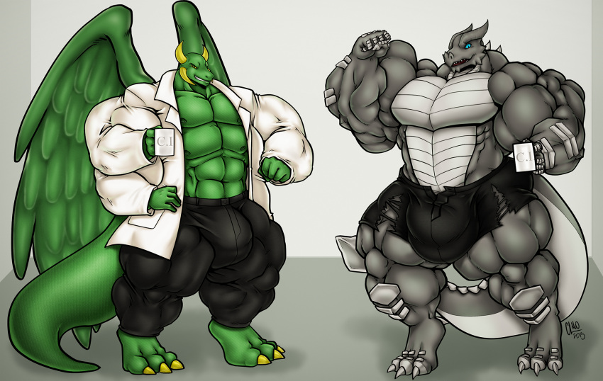 4_nipples 4_pecs abs anthro barazoku belly biceps big_bulge big_muscles blue_eyes bottomwear bulge claws clothing coat coffee_mug digital_media_(artwork) digitigrade dragon duo flexing grey_body grin hi_res huge_bulge huge_muscles hyper hyper_bulge hyper_muscles jagaz kardukk kobold kullizilla lab_coat male multi_arm multi_limb multi_nipple multi_pecs multicolored_body muscular muscular_anthro muscular_male mythological_creature mythological_scalie mythology nipples pants paws pecs pose reptile scalie shaded signature simple_background smile standing tail teeth topwear torn_clothing two_tone_body two_tone_tail underwear white_body