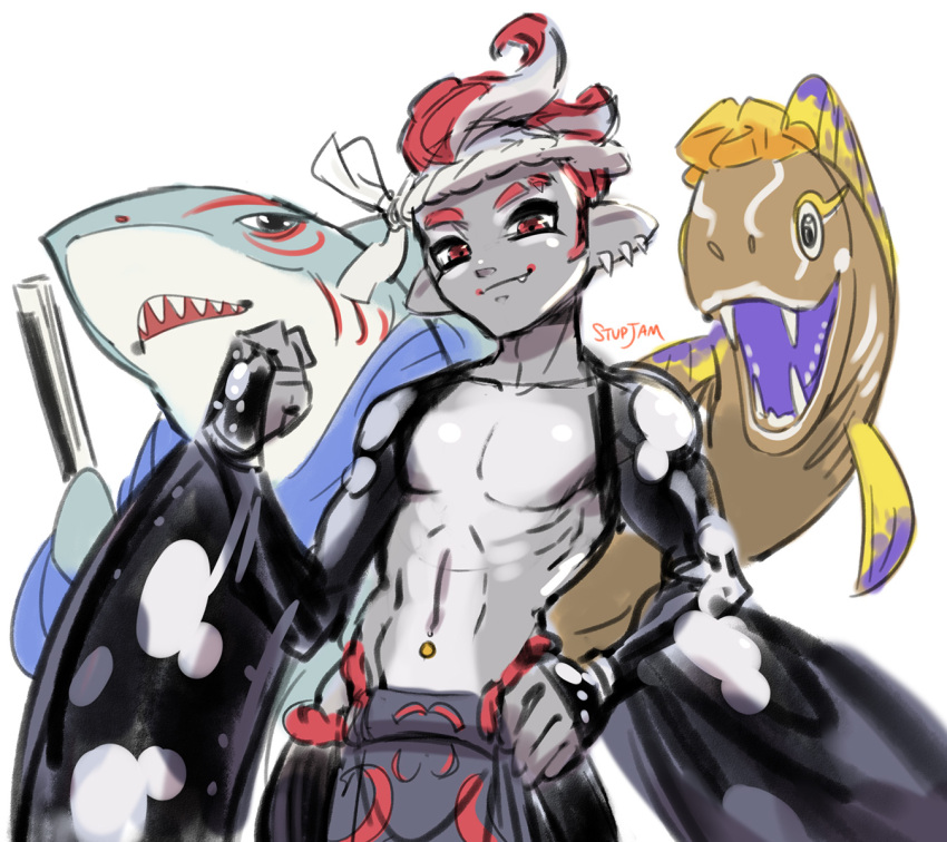 :3 alternate_species ambiguous_gender animal_humanoid anthro belly_piercing big_man_(splatoon) bodypaint cephalopod cephalopod_humanoid clothed clothing countershading deep_cut_(splatoon) digital_media_(artwork) ear_piercing eel face_paint facial_markings fangs female fish frye_(splatoon) gills grey_body group hair head_markings headgear headwear hi_res humanoid humanoid_pointy_ears humanoidized looking_at_viewer male marine marine_humanoid markings mollusk mollusk_humanoid navel navel_piercing nintendo octarian octoling open_mouth piercing pseudo_hair ray_(fish) shark sharp_teeth shiver_(splatoon) simple_background smile smirk splatoon stupjam teeth tentacle tentacle_hair text trio