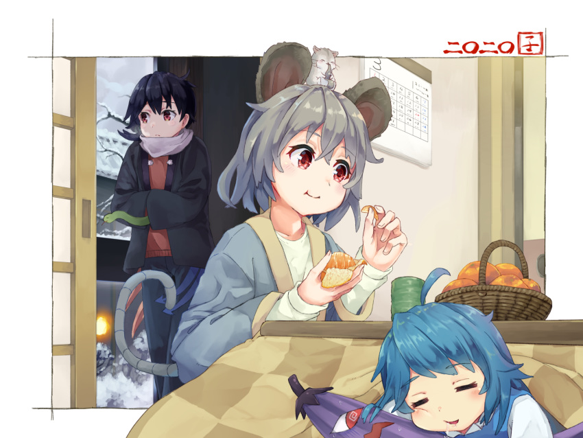 2020 3girls ahoge animal animal_ears animal_on_head basket black_hair blue_hair blue_pants calendar_(object) chinese_zodiac closed_eyes commentary_request cup eating food fruit grey_hair hands_in_opposite_sleeves holding holding_food houjuu_nue indoors kotatsu long_sleeves mandarin_orange medium_hair mouse_ears mouse_tail multiple_girls mumyuu nazrin on_head pants red_eyes red_shirt shirt sleeping snake snow table tail tatara_kogasa touhou umbrella winter year_of_the_rat yunomi