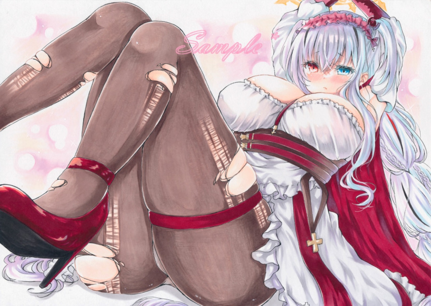 arms_up ass azur_lane blue_eyes breasts brown_pantyhose dress elbing_(azur_lane) elbing_(the_throne_of_misfortune)_(azur_lane) female foot_out_of_frame frilled_dress frilled_hairband frills hairband heterochromia high_heels large_breasts long_hair looking_at_viewer marker_(medium) official_alternate_costume pantyhose purplepencil red_eyes red_footwear red_hairband solo torn_clothes torn_pantyhose traditional_media very_long_hair white_dress white_hair