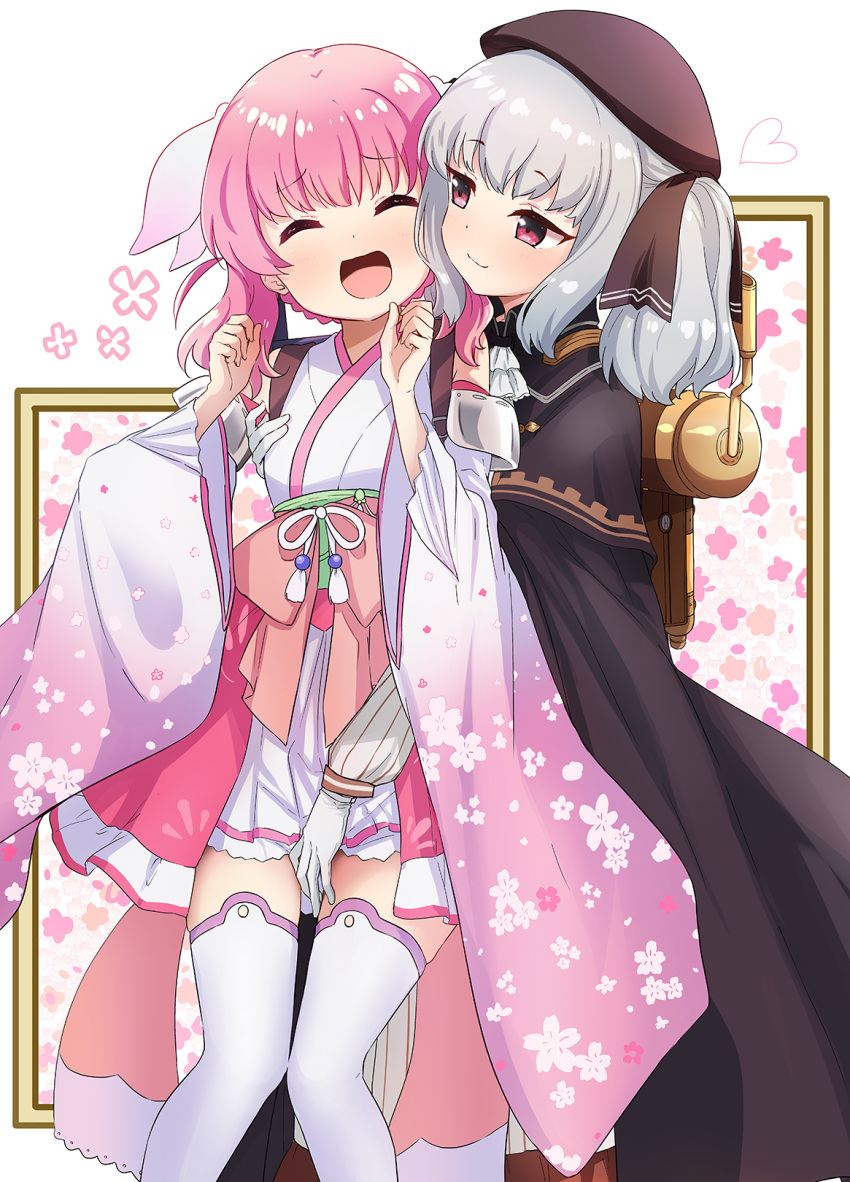 2girls :d ^_^ abe_kanari between_legs blush cape closed_eyes cowboy_shot floral_print grey_hair haizakura_(prima_doll) hand_between_legs highres japanese_clothes kimono multiple_girls pink_hair prima_doll_(anime) retzel_(prima_doll) shirt short_kimono smile tank_top twintails white_shirt white_tank_top yuri