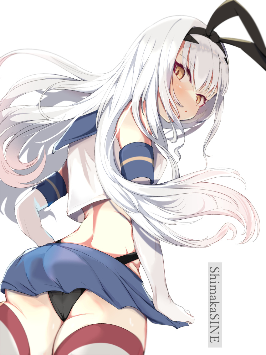 absurdres ass back black_hairband black_panties blue_skirt breasts brown_eyes cosplay crop_top elbow_gloves fate/grand_order fate_(series) female forked_eyebrows gloves hairband highleg highleg_panties highres kantai_collection kawa_mura long_hair looking_at_viewer looking_back melusine_(fate) miniskirt panties sailor_collar school_uniform serafuku shimakaze_(kancolle) shimakaze_(kancolle)_(cosplay) sidelocks skirt small_breasts solo striped_clothes striped_thighhighs thighhighs thighs underwear white_gloves white_hair