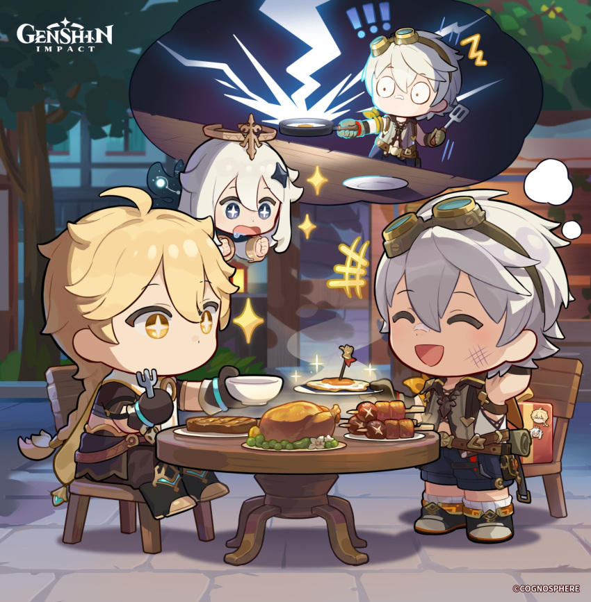 ! +_+ 2boys aether_(genshin_impact) arm_behind_back bennett_(genshin_impact) blonde_hair braid chair chibi chicken-mushroom_skewer_(genshin_impact) closed_eyes cooking drooling english_commentary female food genshin_impact gloves goggles goggles_on_head hair_between_eyes hair_ornament halo highres long_hair multiple_boys official_art outdoors paimon_(genshin_impact) plate saliva second-party_source shadow shorts single_braid sitting sparkle spatula standing steak sweet_madame_(genshin_impact) table teyvat_charred_egg_(genshin_impact) white_hair yellow_eyes