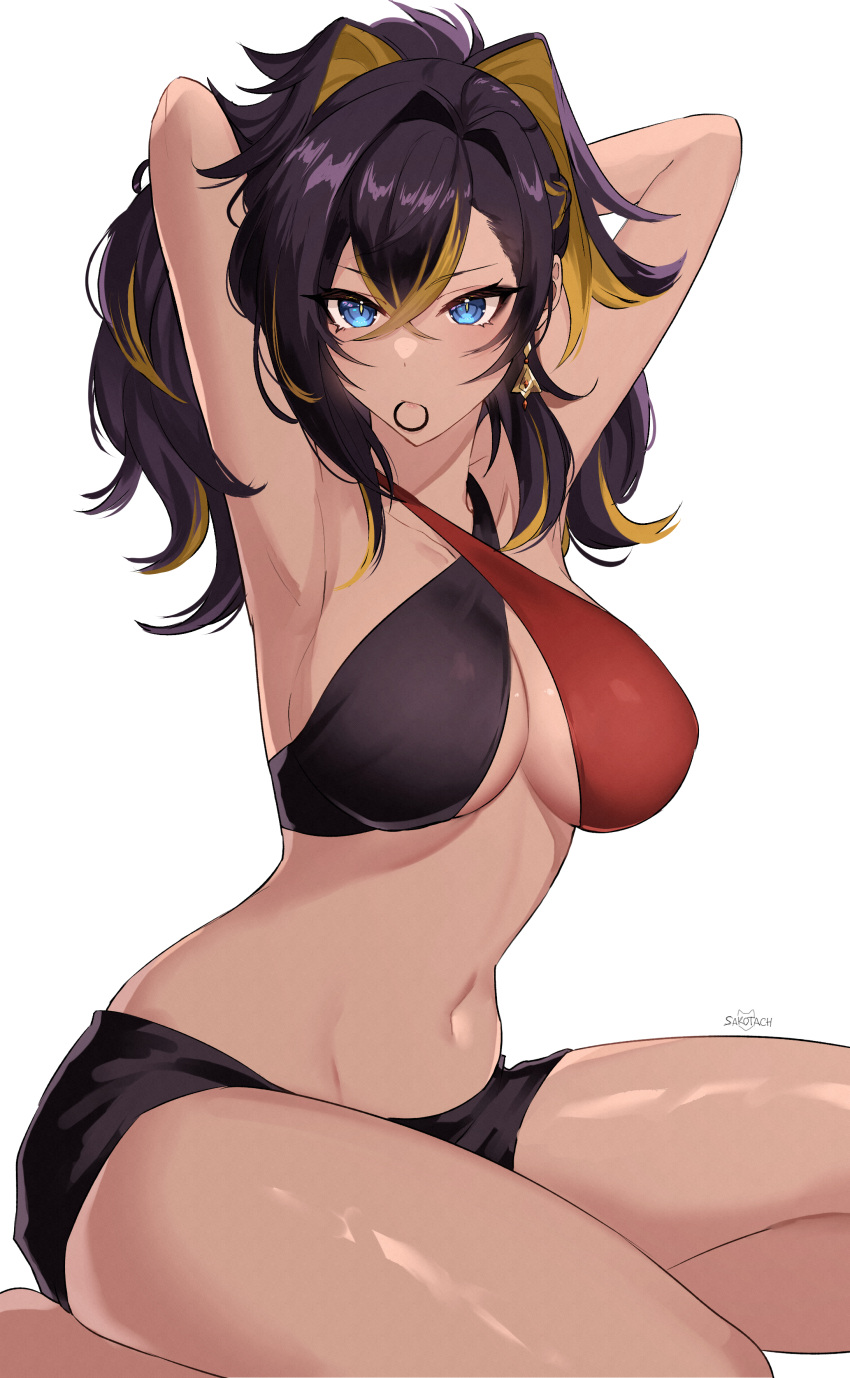 absurdres animal_ears armpits arms_behind_head arms_up bare_arms black_hair blonde_hair blue_eyes breasts criss-cross_halter crossed_bangs dark-skinned_female dark_skin dehya_(genshin_impact) female genshin_impact hair_between_eyes hair_tie_in_mouth halterneck highres large_breasts looking_at_viewer looking_back md5_mismatch mouth_hold multicolored_hair navel sakotach simple_background sitting solo stomach streaked_hair thighs white_background