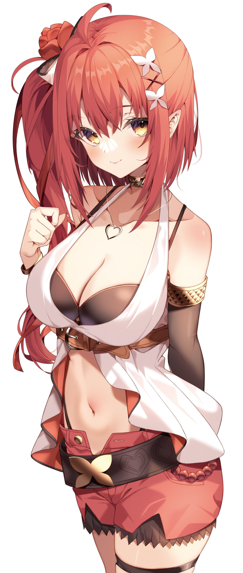 absurdres ahoge bangle bare_shoulders belt black_bra black_choker blush bra bracelet breasts center_opening choker cleavage closed_mouth collarbone cowboy_shot detached_sleeves female flower hair_flower hair_ornament halterneck hand_up heart heart_necklace highleg highres jewelry jun_(aousa0328) kohaku_teto large_breasts long_hair long_sleeves looking_at_viewer loose_belt navel necklace neo-porte open_fly panty_straps pointy_ears red_hair red_shorts revealing_clothes shirt short_shorts shorts side_ponytail simple_background sleeveless sleeveless_shirt smile solo spaghetti_strap stomach string_bra thigh_strap underwear virtual_youtuber white_background white_shirt x_hair_ornament yellow_eyes