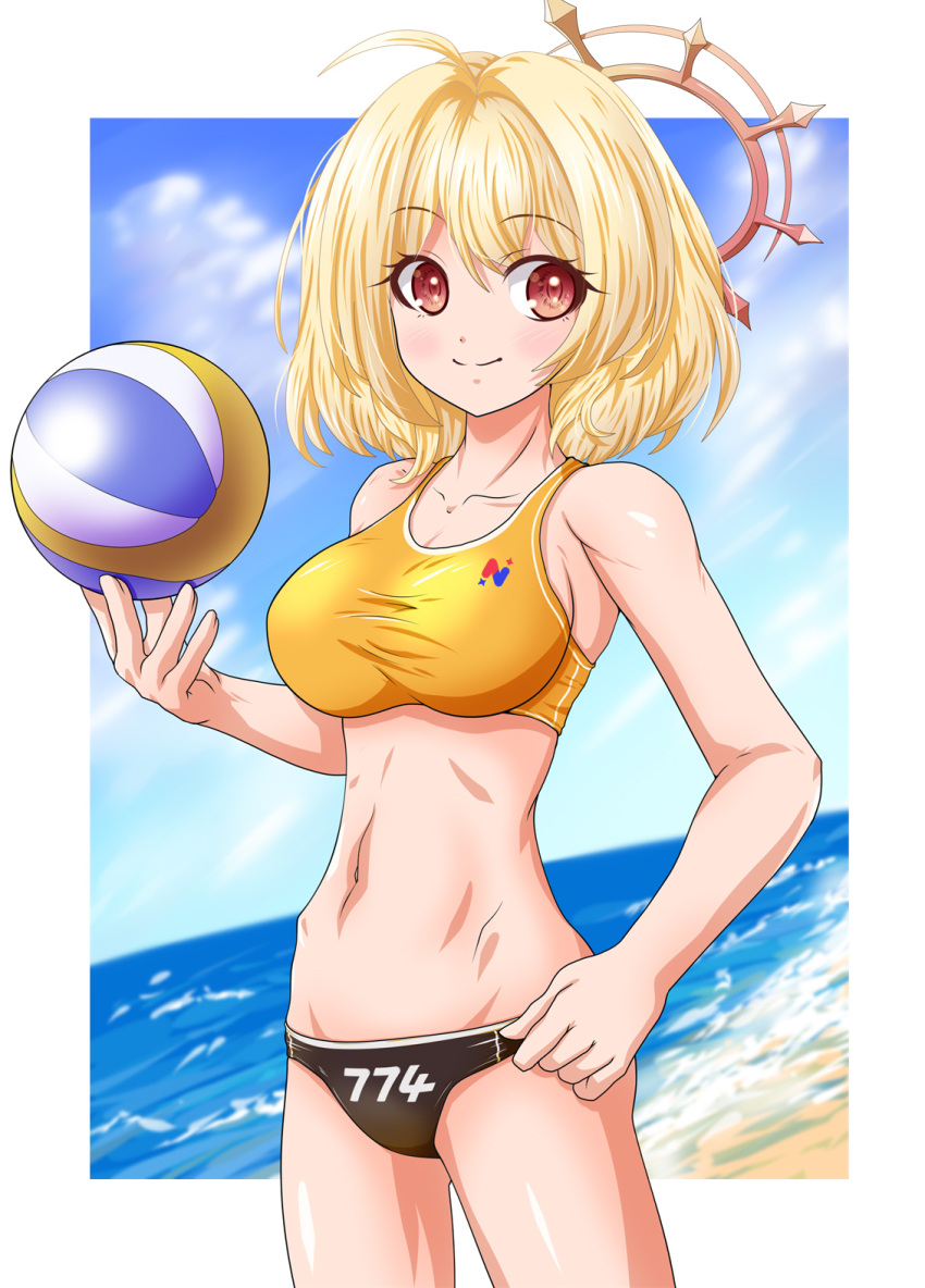 ahoge alternate_costume ball beach black_buruma blonde_hair blue_sky blush border breasts brown_eyes buruma cleavage closed_mouth cloud commentary_request cowboy_shot day female fue_(fuef) hair_intakes halo highres hinata_mashu large_breasts looking_to_the_side medium_bangs medium_hair nanashi_inc. navel outdoors outside_border shiny_skin sky smile solo sports_bra toned virtual_youtuber volleyball_(object) water white_border yellow_sports_bra