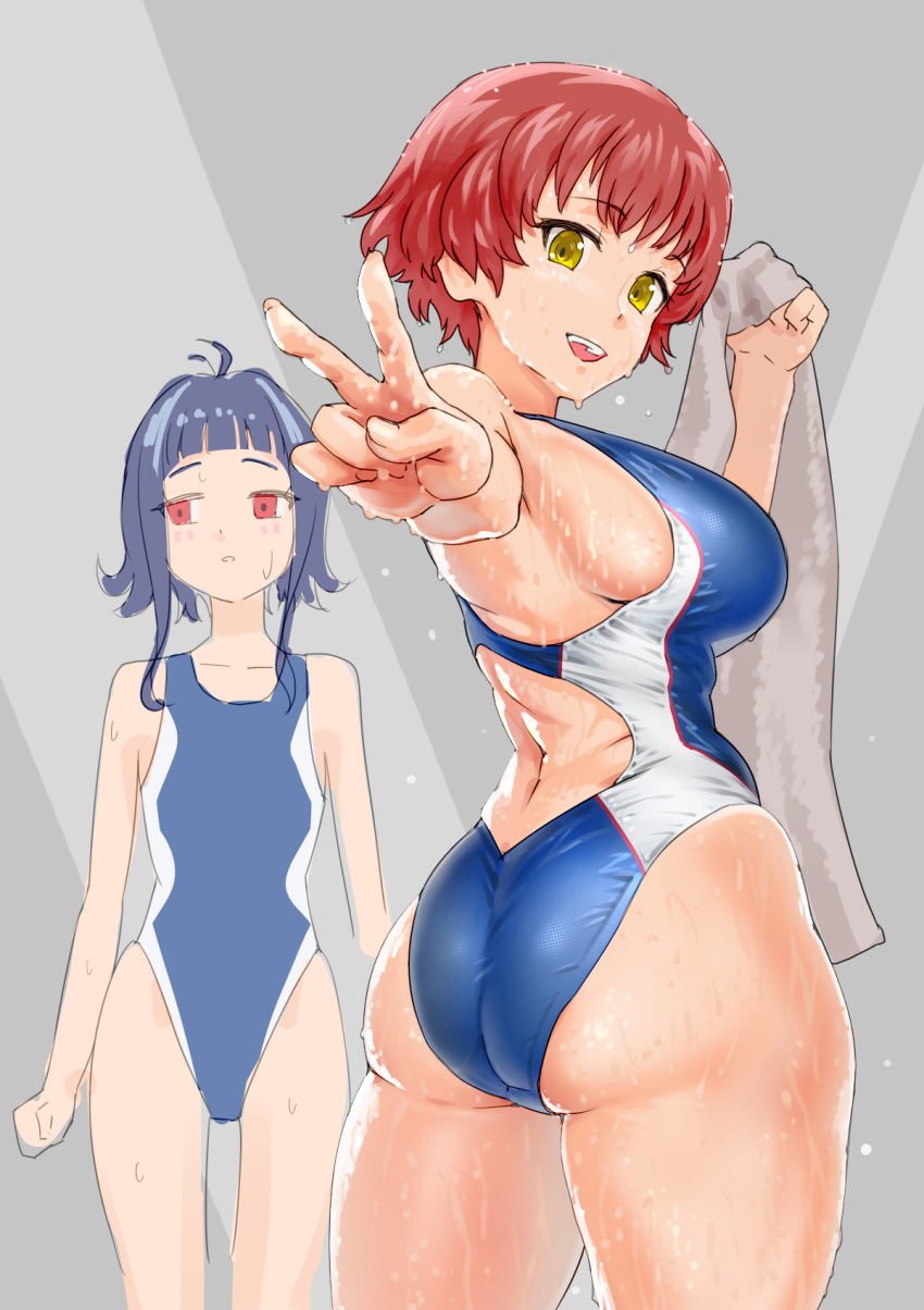 2girls ass bad_id bad_pixiv_id black_hair blue_one-piece_swimsuit breasts brown_hair commentary_request competition_swimsuit curvy dokiyuri from_behind highleg highleg_swimsuit highres kakumeiki_valvrave large_breasts looking_at_viewer looking_back looking_to_the_side multiple_girls nanami_rion nobi_marie one-piece_swimsuit red_eyes short_hair sideboob sidelocks swimsuit towel v wet yellow_eyes