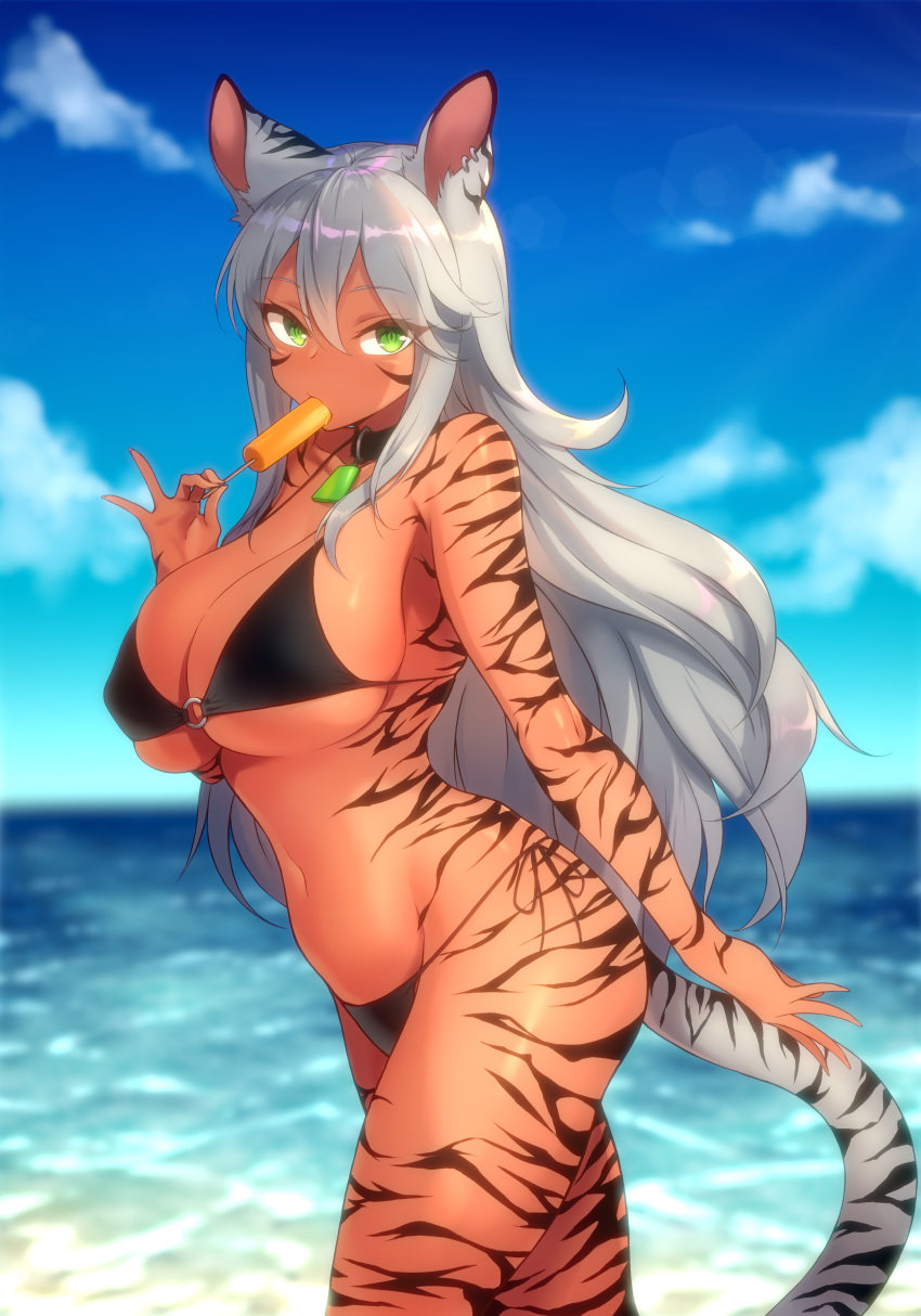 absurdres animal_ears bikini black_bikini black_choker blue_sky borrowed_character breasts choker cloud commentary_request day eating facial_mark female food green_eyes grey_hair hair_between_eyes highres large_breasts long_hair looking_at_viewer momihige navel o-ring o-ring_bikini o-ring_top ocean original outdoors popsicle side-tie_bikini_bottom sky solo standing swimsuit tail tan tiger_ears tiger_girl tiger_stripes tiger_tail