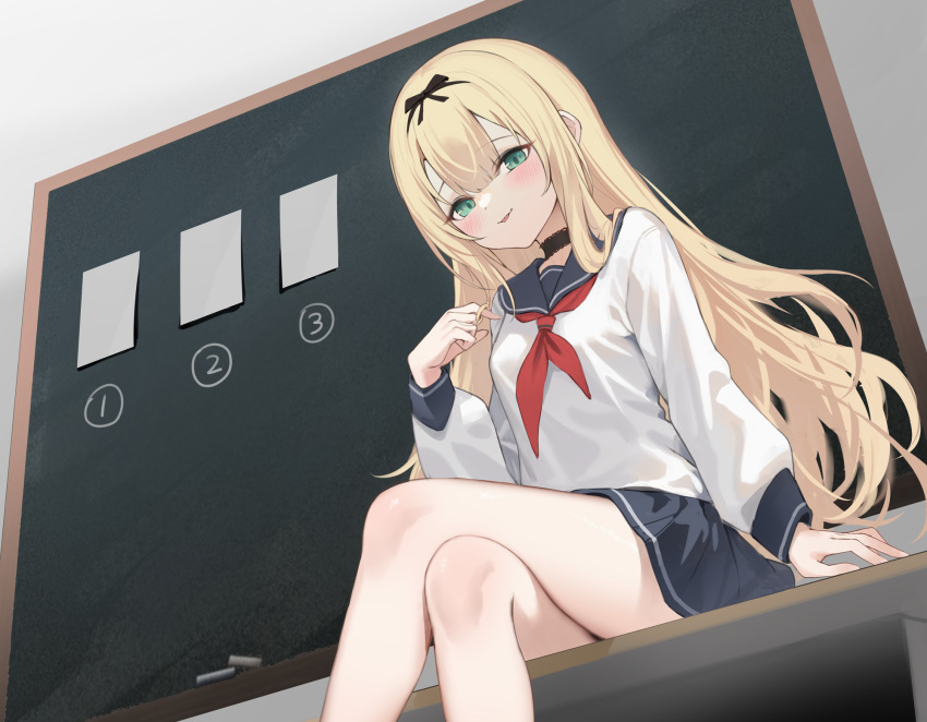 ascot black_choker black_ribbon black_skirt blonde_hair blush chalk chalkboard choker commentary_request crossed_legs female green_eyes hagi_(ame_hagi) hair_between_eyes hair_ribbon highres long_hair long_sleeves looking_at_viewer neckerchief original red_ascot red_neckerchief ribbon school_uniform serafuku sitting skirt smile solo thighs