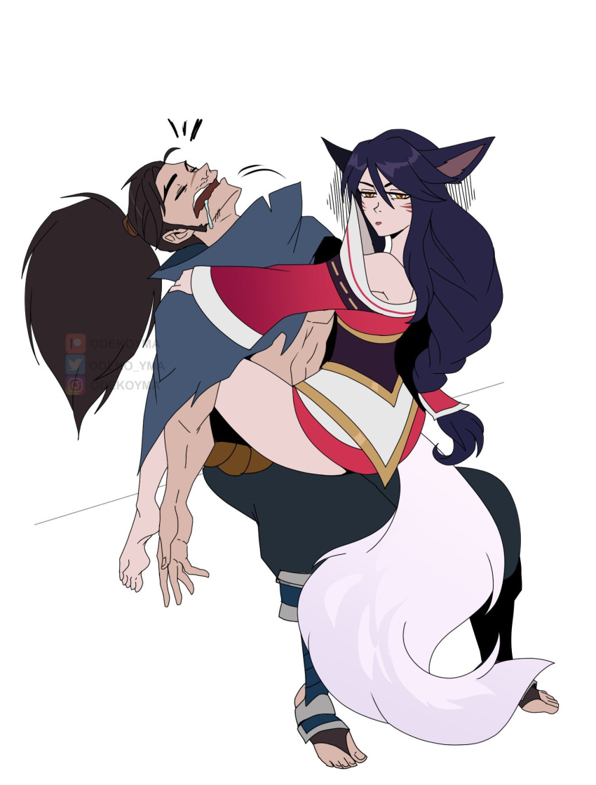 1boy ahri_(league_of_legends) animal_ears annoyed artist_name bare_shoulders beard black_hair black_pants brown_hair facial_hair female fox_ears fox_girl fox_tail from_behind heart highres invisible_chair kitsune korean_clothes kyuubi league_of_legends long_hair long_sleeves looking_at_viewer multiple_tails odeko_yma on_lap open_mouth pants ponytail saliva simple_background sitting sleeping tail watermark white_background yasuo_(league_of_legends)