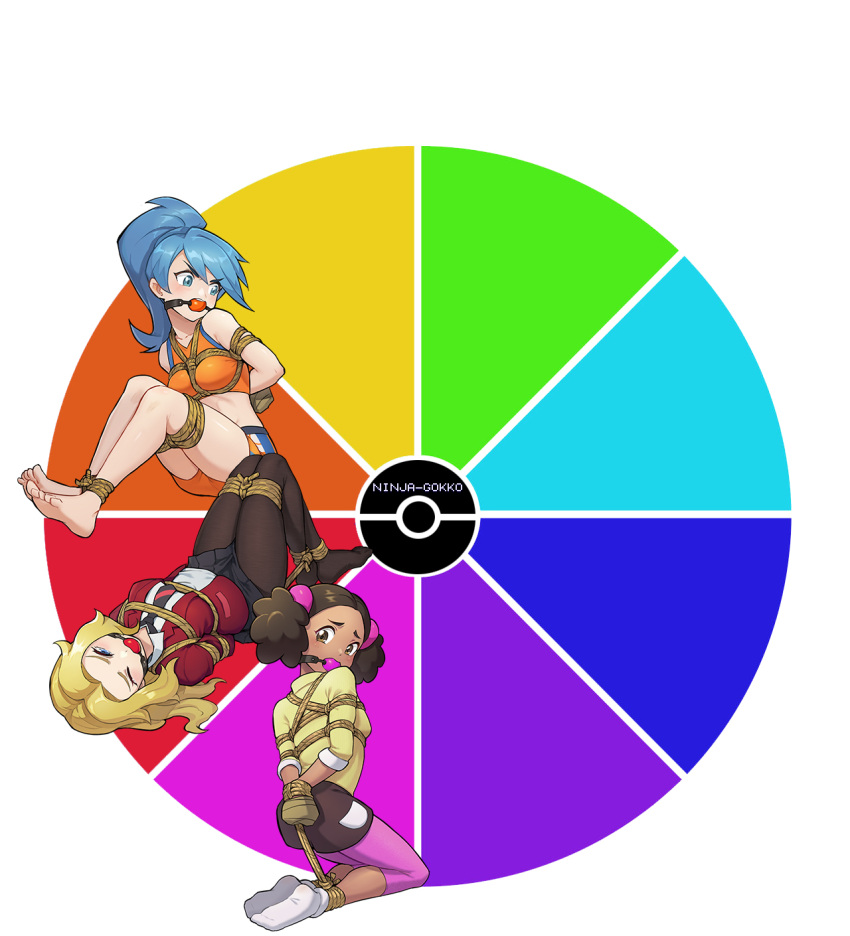 3girls arms_behind_back ball_gag battle_girl_(pokemon) bondage bondage bondage bound color_wheel_challenge gag gagged highres lass_(pokemon) multiple_drawing_challenge multiple_girls ninja-gokko pokemon pokemon_(anime) pokemon_oras pokemon_swsh pokemon_xy rope school_girl_(pokemon) shibari_over_clothes