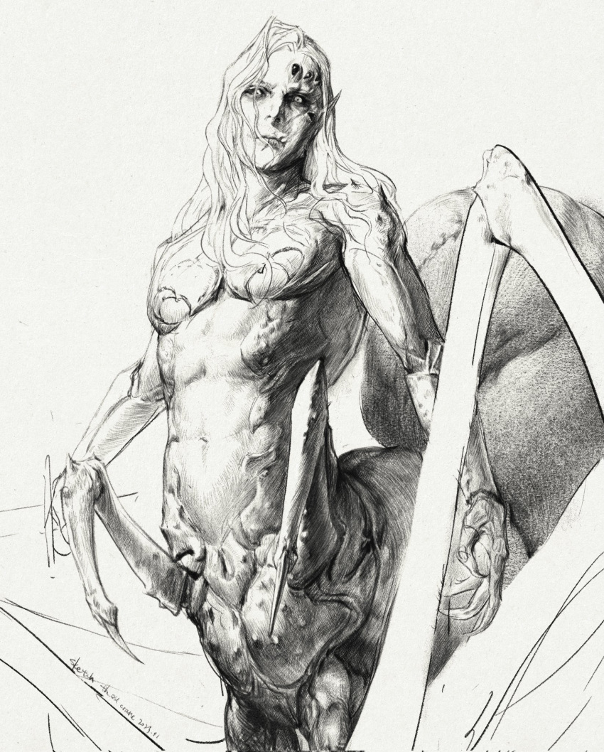 1boy abs arachne_boy arthropod_limbs baldur's_gate baldur's_gate_3 black_sclera carapace colored_sclera commentary cowboy_shot dated dungeons_&_dragons extra_eyes faux_traditional_media from_side greyscale hatching_(texture) highres kar'niss looking_at_viewer male_focus medium_hair midriff monochrome monster_boy navel pointy_ears realistic scar scar_on_cheek scar_on_face signature simple_background solo taur the_old_crane toned toned_male wavy_hair white_background