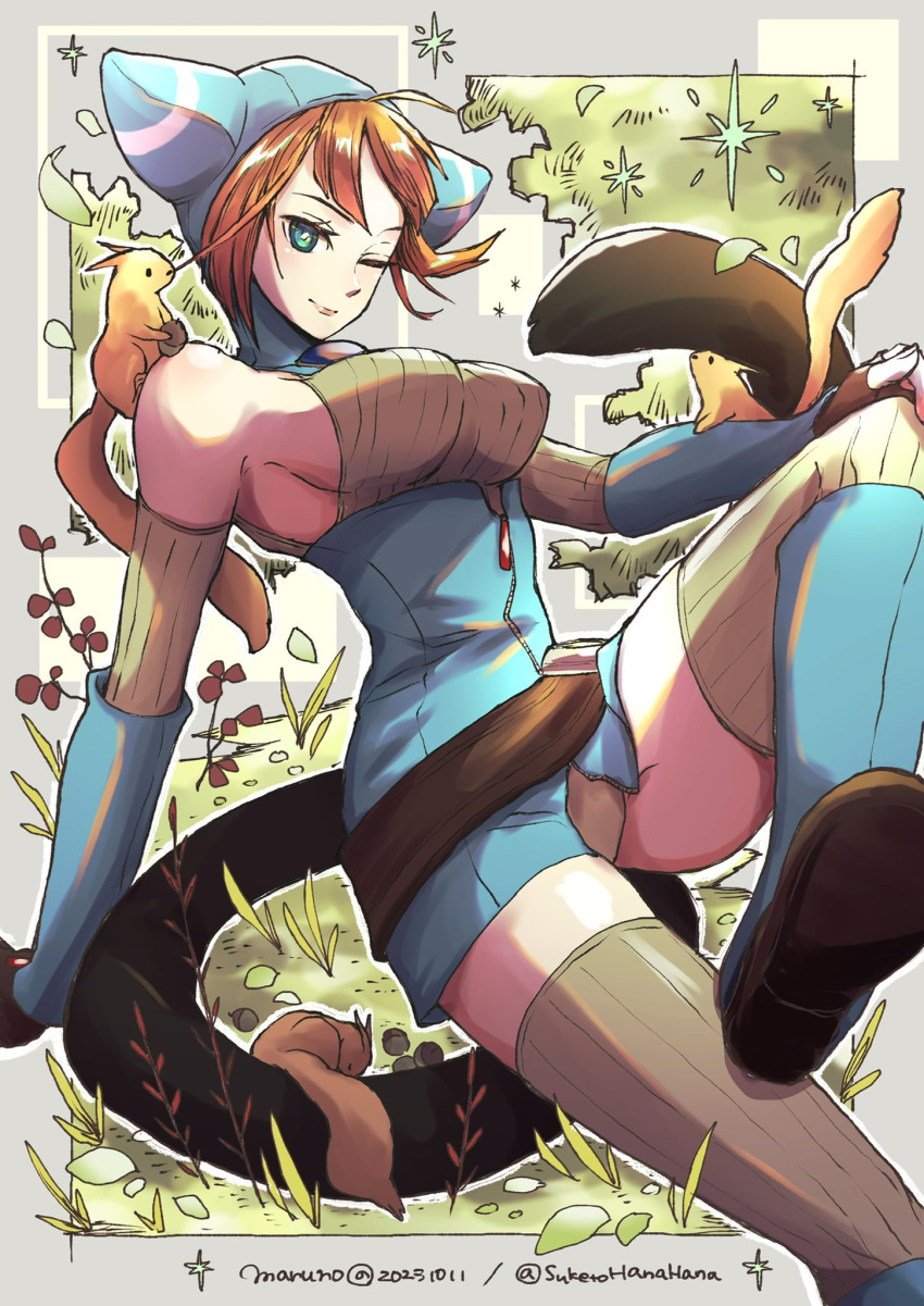 animal animal_ears animal_hood breasts breath_of_fire breath_of_fire_v cat_ears cat_hood closed_mouth creature female gloves grass highres hood lin_(breath_of_fire) looking_at_viewer maruno one_eye_closed orange_hair outdoors short_hair smile solo tail thighhighs