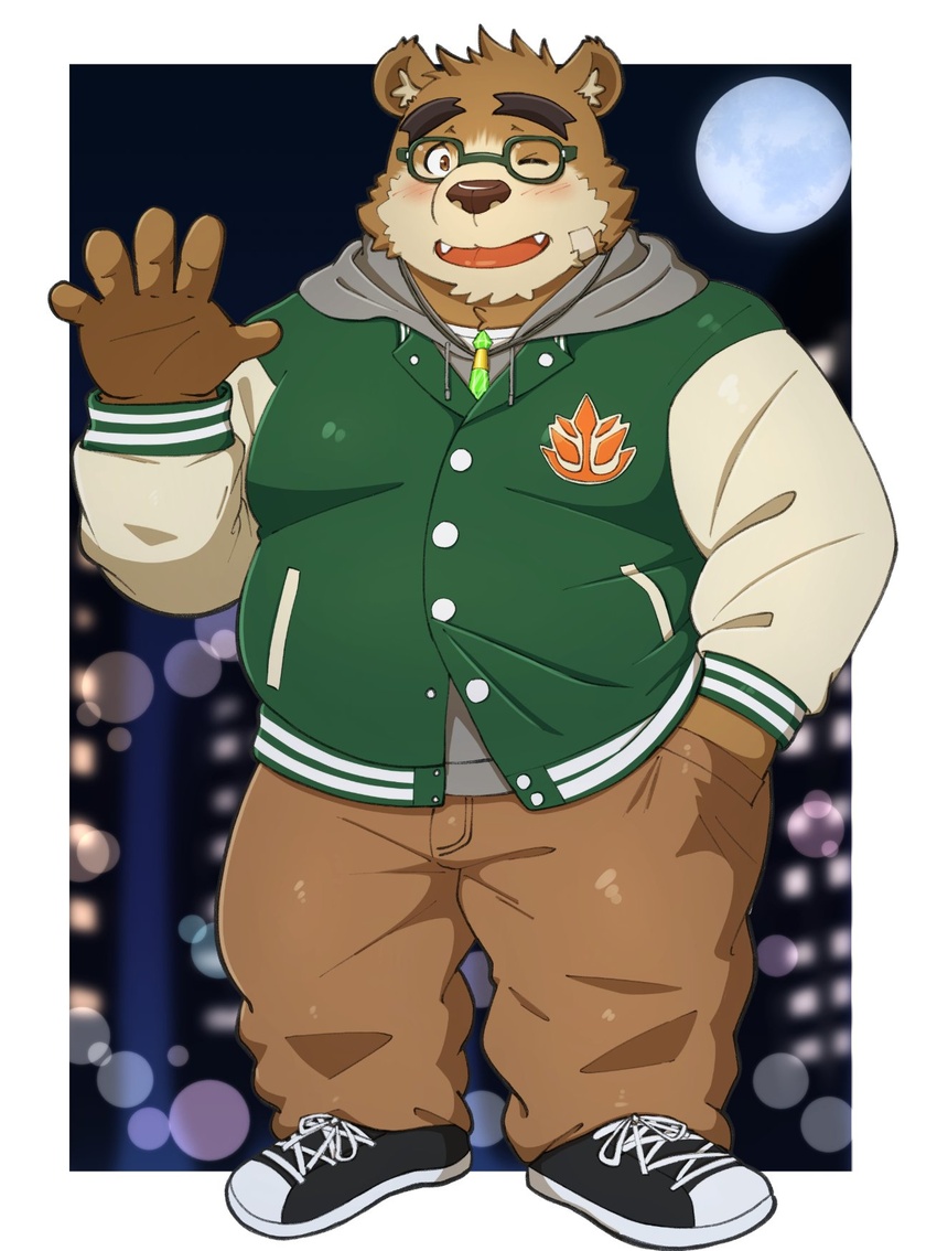 2023 anthro bear blush bottomwear brown_body brown_fur clothing fur hi_res hoodie humanoid_hands kemono lifewonders male mammal moon overweight overweight_male pants solo tokyo_afterschool_summoners topwear volos_(tas) yaki_atsuage