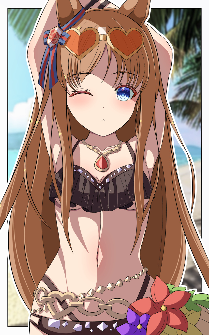 96dai_0313 absurdres alternate_costume animal_ears arms_up beach bikini black_bikini blue_eyes blue_sky blurry blurry_background blush border breasts brown_hair closed_mouth commentary_request cosplay eyewear_on_head female flower grass_wonder_(umamusume) heart heart-shaped_eyewear hibiscus highres horse_ears horse_girl horse_tail long_hair looking_at_viewer maruzensky_(blasting_off_summer_night)_(umamusume) maruzensky_(umamusume) maruzensky_(umamusume)_(cosplay) multicolored_hair navel one_eye_closed outdoors sand sky small_breasts solo streaked_hair swimsuit tail umamusume underboob water white_border white_hair