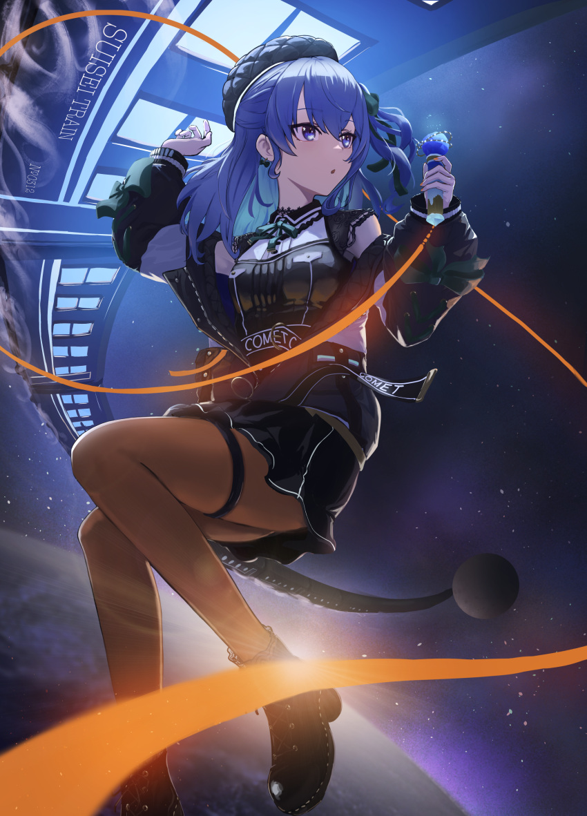 0gen3_illust absurdres aqua_hair black_footwear black_skirt blue_eyes blue_hair blue_headwear blush boots breasts colored_inner_hair earrings female full_body hair_between_eyes hands_up high_heel_boots high_heels highres holding holding_microphone hololive hoshimachi_suisei hoshimachi_suisei_(casual) jacket jewelry lace-trimmed_sleeves lace_trim legs long_hair long_sleeves looking_to_the_side microphone miniskirt multicolored_hair off_shoulder official_alternate_costume open_clothes open_jacket open_mouth orange_pantyhose pantyhose short_sleeves sidelocks skirt small_breasts solo space thigh_strap train two-tone_shirt virtual_youtuber