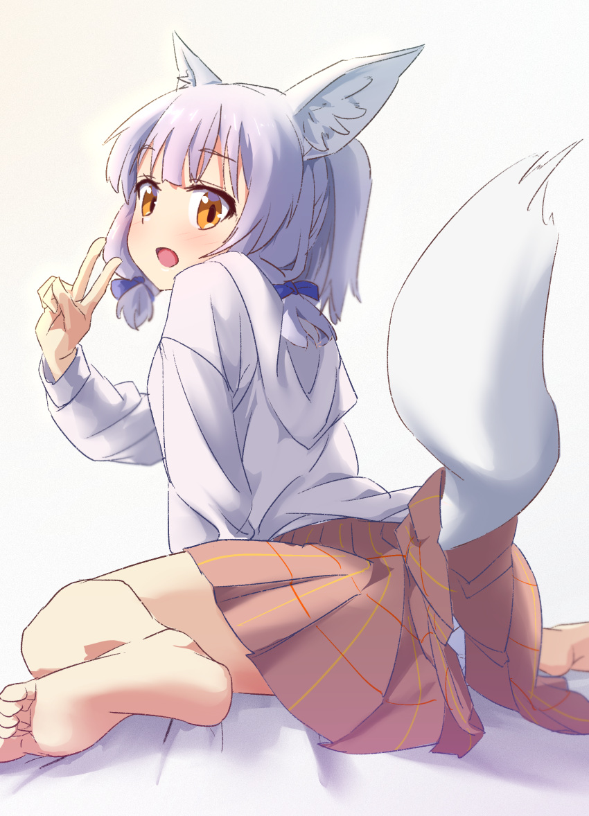 absurdres animal_ear_fluff animal_ears arm_support barefoot blue_bow blue_hair blunt_bangs blush bow brown_eyes brown_skirt commentary feet feet_out_of_frame female foreshortening fox_ears fox_girl fox_tail from_behind hairbow hand_up highres hood hood_down hoodie leaning_forward long_sleeves looking_at_viewer looking_back machikado_mazoku oekakiism open_mouth plaid plaid_skirt pleated_skirt riko_(machikado_mazoku) short_hair sidelocks simple_background sitting skirt soles solo tail tail_raised toes v wariza white_background white_hoodie white_tail