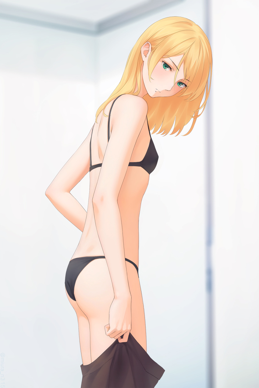 black_bra black_panties blonde_hair bra chateau_dankworth commentary cowboy_shot female from_side green_eyes highres koroshi_ai long_hair miura-n315 panties solo underwear undressing