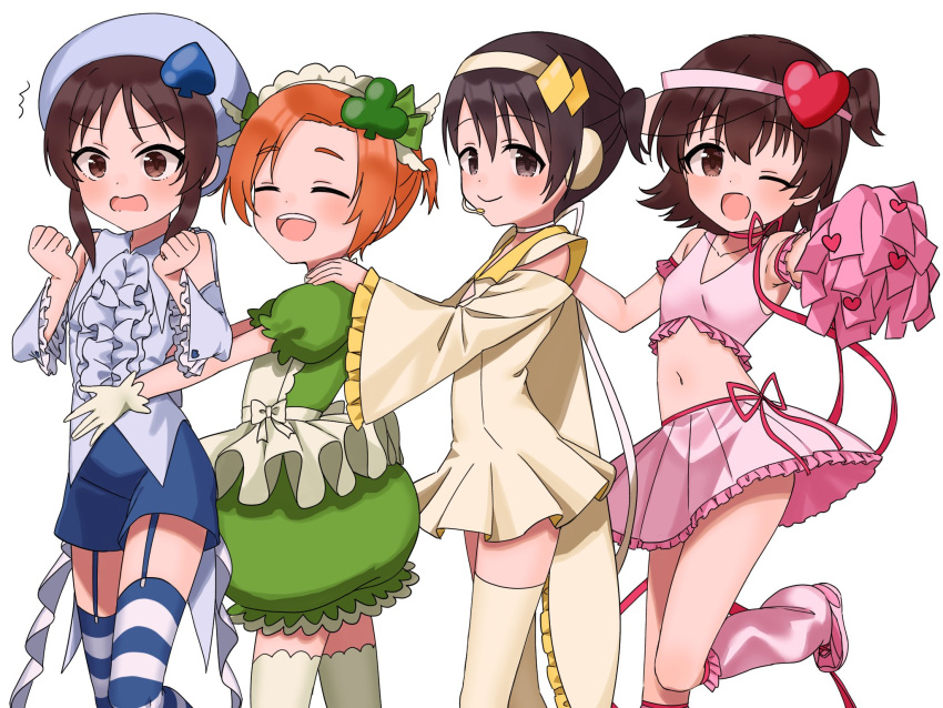 4girls akagi_miria amulet_clover amulet_clover_(cosplay) amulet_dia amulet_dia_(cosplay) amulet_heart amulet_heart_(cosplay) amulet_spade amulet_spade_(cosplay) black_eyes black_hair blue_headwear blue_shirt blue_shorts blush brown_eyes brown_hair clenched_hands closed_eyes clover_hair_ornament commentary cosplay diamond_hair_ornament dot_nose dress flat_chest frilled_shirt frilled_sleeves frills garter_straps green_dress green_ribbons hair_ornament hairband hands_on_another's_shoulders hands_up hashtag-only_commentary hat heart heart_hair_ornament highres holding holding_pom_poms horizontal-striped_thighhighs idolmaster idolmaster_cinderella_girls idolmaster_cinderella_girls_u149 long_sleeves looking_at_viewer maid_headdress miniskirt multiple_girls navel one_eye_closed open_mouth orange_hair pink_shirt pink_skirt pom_pom_(cheerleading) puffy_short_sleeves puffy_sleeves ribbon ryuzaki_kaoru sasaki_chie shirt short_hair short_sleeves short_twintails shorts shugo_chara! sidelocks sinjin_46 skirt smile spade_hair_ornament stomach striped_clothes striped_thighhighs tachibana_arisu tank_top thighhighs twintails visor_cap white_background white_dress white_hairband white_thighhighs