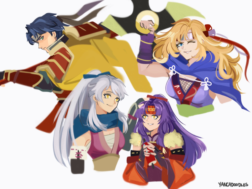 1boy 3girls armor blonde_hair blue_eyes blue_hair blue_scarf breasts cleavage detached_sleeves english_commentary fingerless_gloves fire_emblem fire_emblem:_radiant_dawn fire_emblem_heroes gloves green_eyes grey_hair headband heather_(fire_emblem) heather_(ninja)_(fire_emblem) highres holding holding_scroll holding_shuriken holding_weapon long_hair micaiah_(fire_emblem) micaiah_(ninja)_(fire_emblem) multiple_girls official_alternate_costume official_alternate_hairstyle one_eye_closed ponytail purple_hair sanaki_kirsch_altina sanaki_kirsch_altina_(ninja) scarf scroll short_hair shuriken siblings sisters smile upper_body weapon white_background yancadoodles yellow_eyes zelgius_(fire_emblem) zelgius_(ninja)_(fire_emblem)