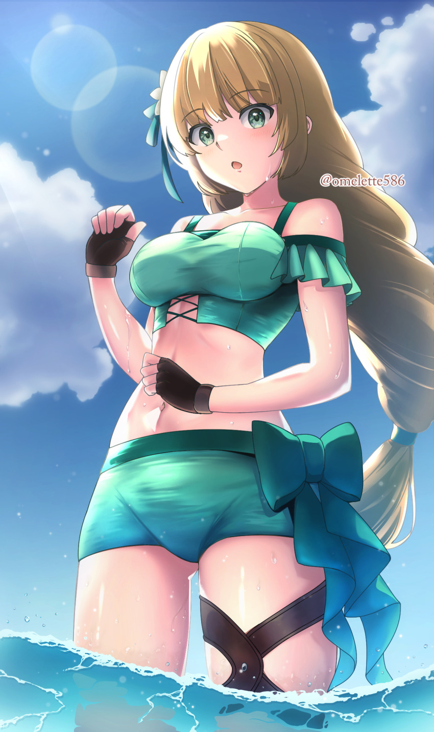 :o ass_visible_through_thighs bare_shoulders bikini black_gloves blonde_hair blue_sky bow breasts cloud commentary_request day female fingerless_gloves fire_emblem fire_emblem:_three_houses fire_emblem_heroes gloves green_bikini green_bow green_eyes green_shorts highres ingrid_brandl_galatea ingrid_brandl_galatea_(summer) komurice lens_flare long_hair medium_breasts navel off-shoulder_bikini off_shoulder official_alternate_costume parted_lips short_shorts short_sleeves shorts sky solo standing stomach swimsuit thighs very_long_hair wading water