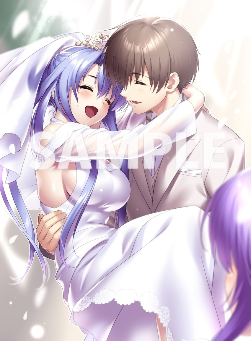 1boy 2girls :d ^_^ arms_around_neck bare_shoulders blue_hair blurry blurry_background blush breasts bridal_veil brown_hair carrying closed_eyes closed_mouth commentary_request commission couple depth_of_field dress facing_another frilled_dress frills hair_between_eyes happy highres hug large_breasts long_hair long_sleeves multiple_girls open_mouth princess_carry profile sample_watermark second-party_source shiny_skin short_hair sideboob simple_background skeb_commission smile sorakado_ai sorakado_ao straight summer_pockets takahara_hairi veil very_long_hair watermark wedding wedding_dress white_dress zen_(kamuro)