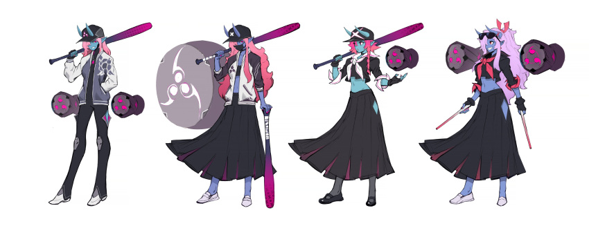 absurdres baseball_cap black_gloves blue_skin colored_skin concept_art crop_top cropped_shirt drum drumsticks female gloves hair_ribbon hat highres horns instrument liyart long_skirt mako_(omega_strikers) multiple_views omega_strikers oni pink_hair pleated_skirt pointy_ears red_eyes red_hair ribbon school_uniform sharp_teeth skirt teeth