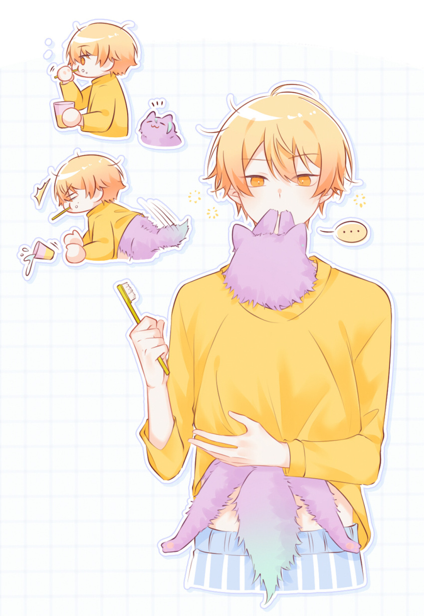 ... 1boy :3 animalization blonde_hair clothes_lift cup feline highres holding holding_cup holding_toothbrush kamishiro_rui kuraritk long_sleeves open_clothes open_shirt project_sekai purple_fur shirt shirt_lift short_hair smile solo t-shirt tenma_tsukasa toothbrush yellow_eyes yellow_shirt