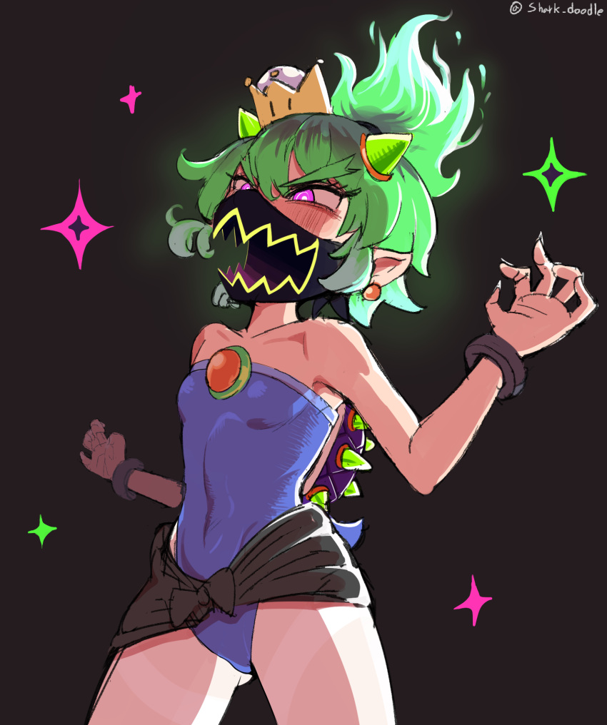 ass_visible_through_thighs black_background blue_leotard bowsette_jr. breasts commentary_request covered_mouth covered_navel crown doodle_shark earrings female fiery_hair fingernails green_hair green_horns highres horns jewelry korean_commentary leotard mario_(series) mask mixed-language_commentary mouth_mask new_super_mario_bros._u_deluxe petite pink_eyes pointy_ears sharp_fingernails simple_background small_breasts solo sparkle spiked_shell strapless strapless_leotard super_crown super_mario_bros._wonder twitter_username wonder_bowser_jr.