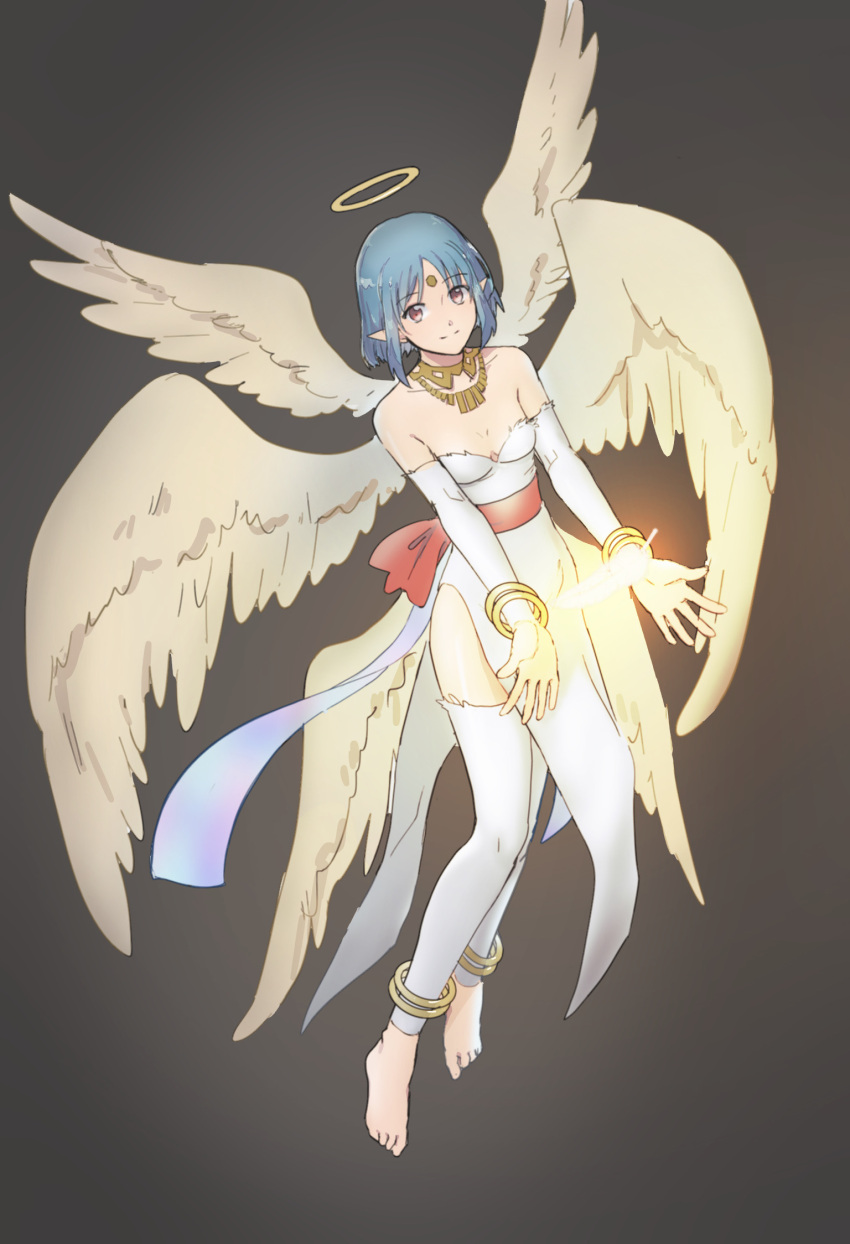 angel_wings bare_shoulders barefoot blue_hair breasts cleavage closed_mouth dress female filia_(star_ocean) full_body halo highres light_blue_hair looking_at_viewer medium_hair pointy_ears rusinomob simple_background solo star_ocean star_ocean_the_second_story thighhighs white_dress white_wings wings