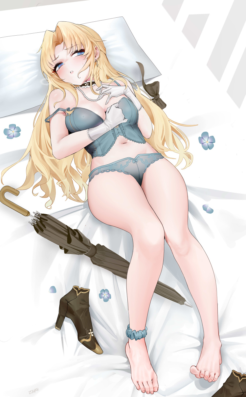 absurdres azur_lane barefoot blonde_hair blue_bra blue_eyes blue_flower blue_panties bra breasts brown_footwear earrings feet female flower gloves high_heels highres jewelry lace-trimmed_bra lace-trimmed_panties lace_trim legs lingerie long_hair looking_at_viewer lying medium_breasts navel on_back on_bed panties parted_bangs parted_lips pillow pink_nails signature solo stomach sweatdrop toenails toes umbrella underwear vanguard_(azur_lane) white_gloves zhemuxuanhua