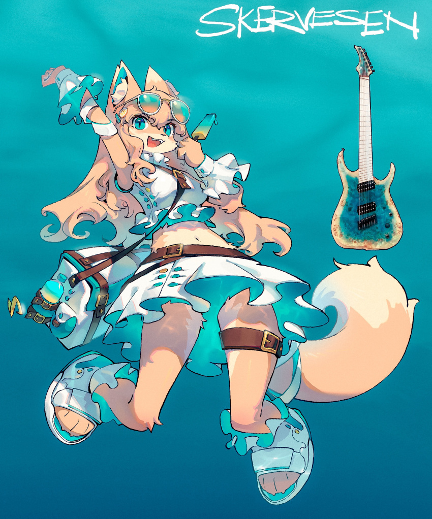 :d absurdres animal_ear_fluff animal_ears arm_up bag belt blonde_hair blue-tinted_eyewear blue_background blue_eyes blue_theme body_fur commentary crop_top dog_ears dog_girl dog_tail eyewear_on_head fangs female fewer_digits food frilled_footwear frilled_shirt frilled_shirt_collar frills from_below fruit_hair_ornament full_body furry furry_female guitar hair_ornament hairclip highres holding holding_food holding_popsicle ibanez instrument jumping long_hair looking_at_viewer midair navel open_mouth original outstretched_arm personification popsicle sandals shiiorina shirt simple_background skirt smile solo sunglasses symbol-only_commentary tail thigh_belt thigh_strap tinted_eyewear toeless_footwear two-sided_fabric wavy_hair white_footwear white_shirt white_skirt wrist_cuffs yellow_fur