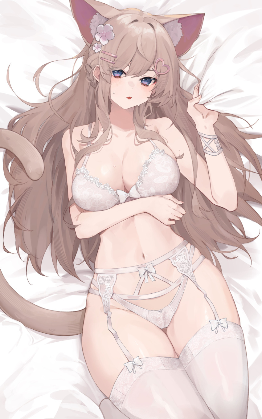 absurdres animal_ear_fluff animal_ears blue_eyes bra breasts brown_hair cat_ears extra_ears female flower garter_belt hair_flower hair_ornament hairclip heart heart_hair_ornament highres kevinlim39 large_breasts long_hair looking_at_viewer lying navel on_back panties sakurai_hana second-party_source solo thighhighs underwear underwear_only vdonburi virtual_youtuber white_bra white_garter_belt white_panties white_thighhighs