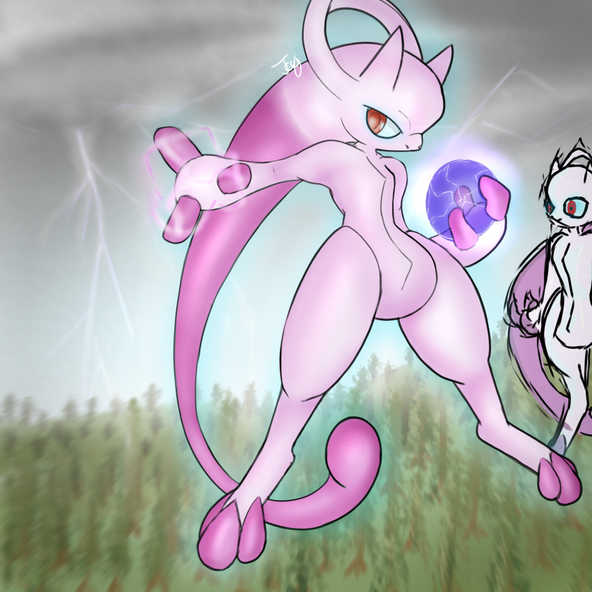 1:1 absurd_res ambiguous_gender duo generation_6_pokemon hi_res legendary_pokemon looking_away mammal mega_evolution mega_mewtwo mega_mewtwo_y nintendo pokemon pokemon_(species) red_eyes simple_background storm tcg_(artist)