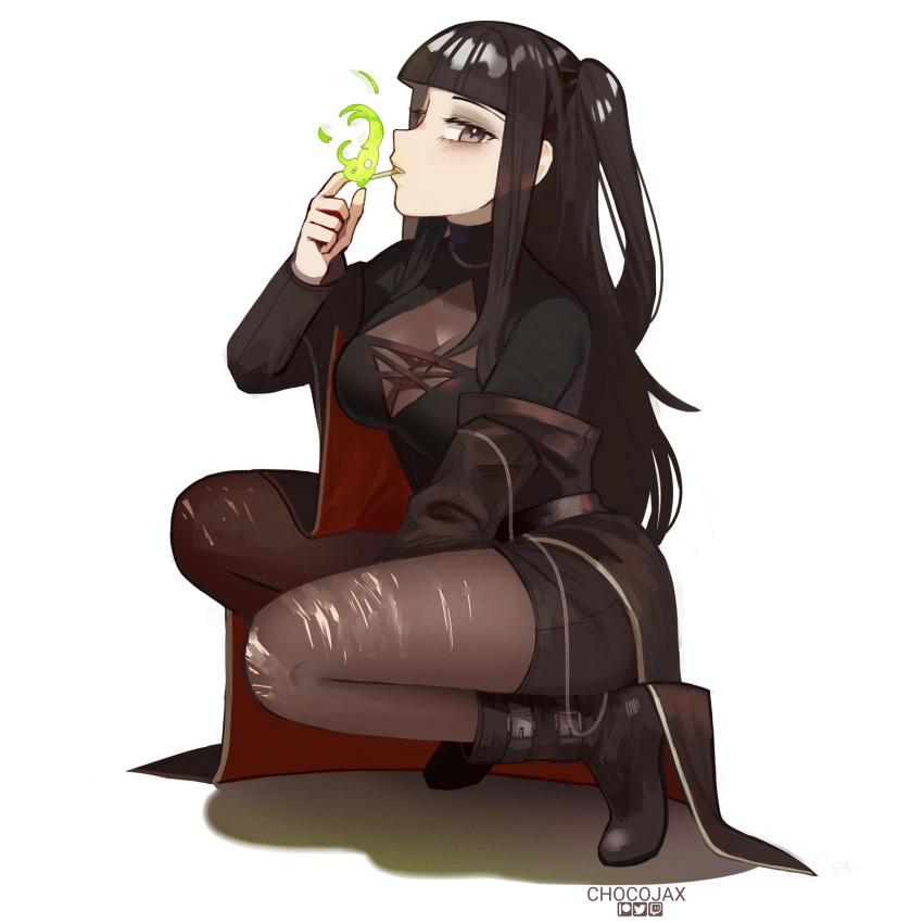 alternate_costume artist_name black_cape black_hair black_sweater bodysuit breasts cape chocojax cleavage_cutout clothing_cutout drop_shadow english_commentary eyeshadow female fire fire_emblem fire_emblem_awakening goth_fashion green_eyes green_fire grey_eyeshadow highres large_breasts long_hair makeup pale_skin patreon_logo side_ponytail simple_background squatting sweater swept_bangs tharja_(fire_emblem) tiptoes torn_bodysuit torn_clothes turtleneck turtleneck_sweater twitch_logo twitter_logo white_background