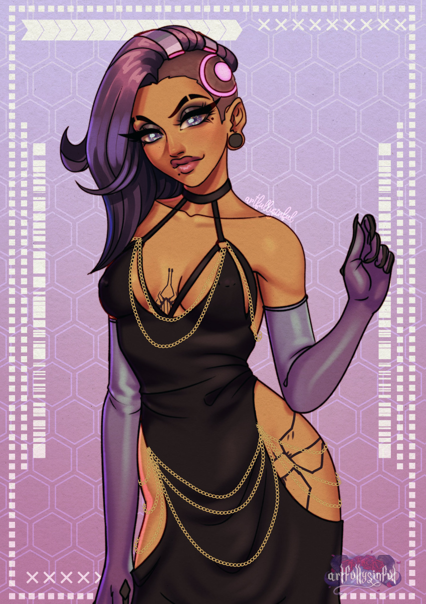 absurdres artfullysinful artist_name black_dress border breasts chest_tattoo cleavage dress elbow_gloves female gauge gloves highres leg_tattoo ornate_border overwatch overwatch_2 plug_(piercing) purple_gloves purple_hair shaved_head sombra_(overwatch) tattoo