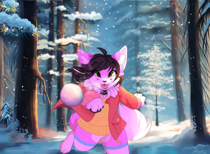 anthro biped black_hair black_nose canid canine clothing forest fox fur green_eyes hair inner_ear_fluff kidaoriginal mammal norii pink_body pink_fur plant snow snowball solo sweater topwear tree tuft winter_coat