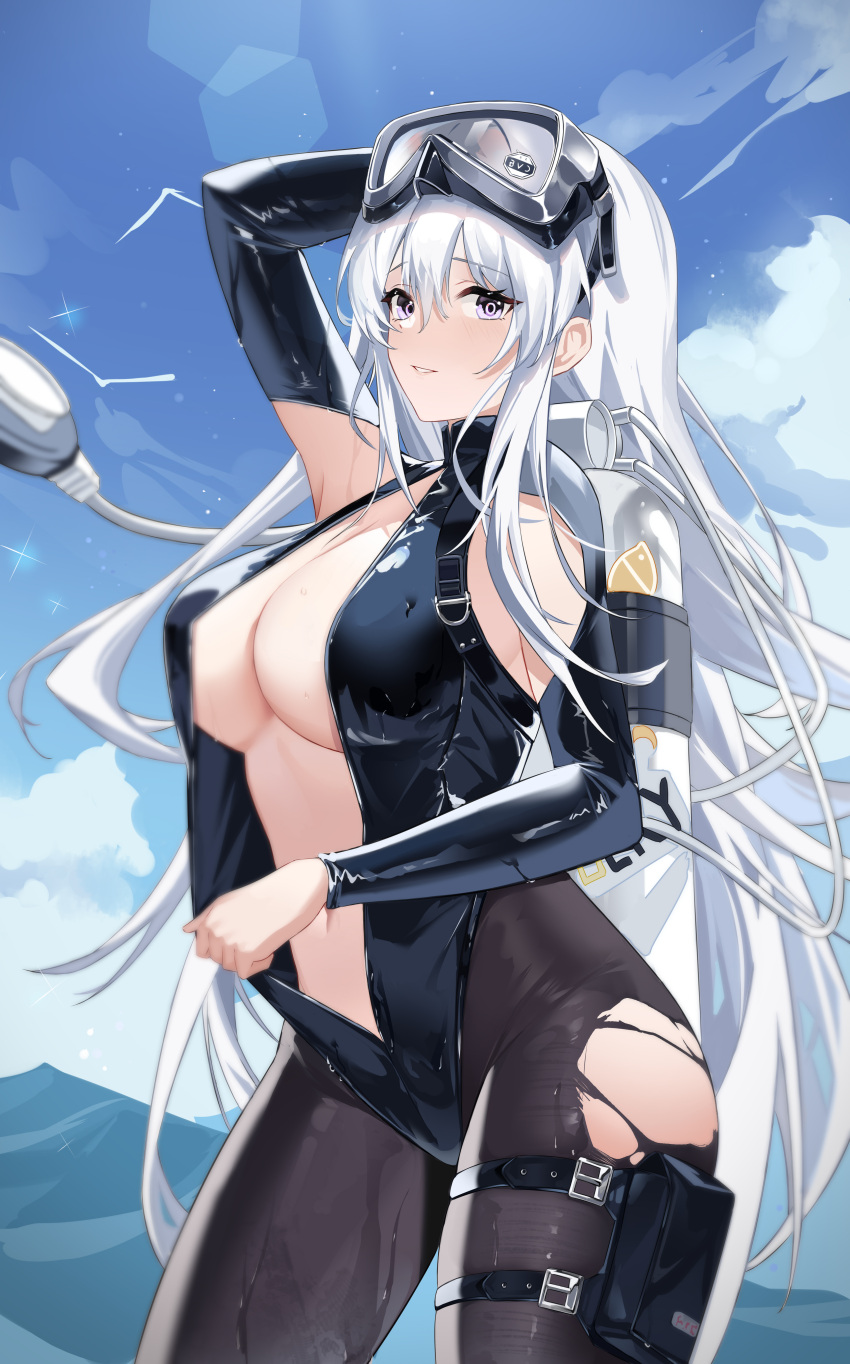 absurdres alternate_costume arm_behind_head armpit_cutout azur_lane blue_sky bodysuit breasts clothing_cutout cloud cloudy_sky diving_suit enterprise_(azur_lane) enterprise_(diving_under_blue_skies)_(azur_lane) female flippers goggles goggles_on_head hair_between_eyes highres holding large_breasts long_hair looking_at_viewer official_alternate_costume pantyhose plunging_neckline pouch purple_eyes scuba scuba_tank sky smile solo swimsuit thigh_pouch tns-yoru torn_clothes torn_pantyhose wet wetsuit white_hair