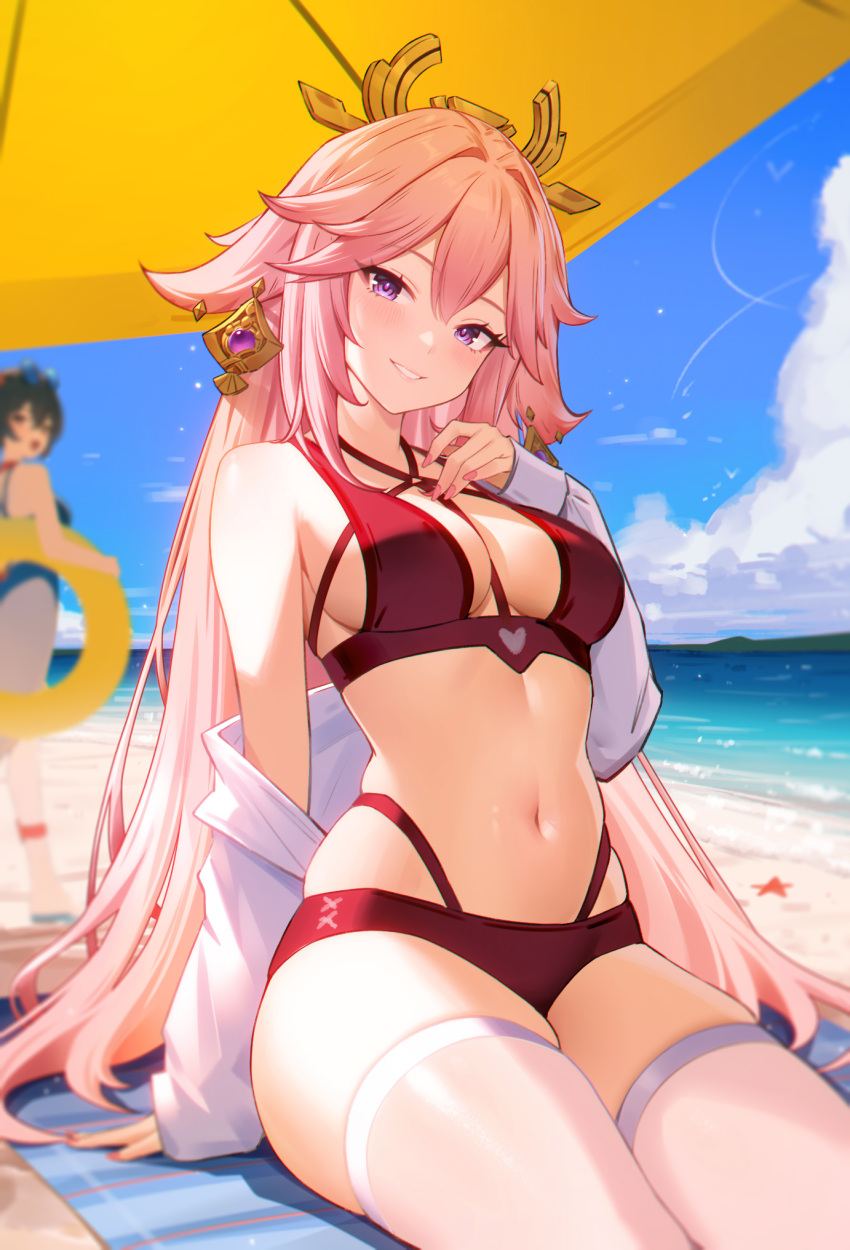 2girls 95--- animal_ears bare_shoulders beach_towel bikini blurry blurry_background breasts commentary english_commentary fox_ears genshin_impact grin highres hu_tao_(genshin_impact) long_hair looking_at_viewer multiple_girls navel outdoors pink_hair purple_eyes red_bikini sitting smile solo_focus stomach swimsuit thighhighs thighs towel very_long_hair white_thighhighs yae_miko